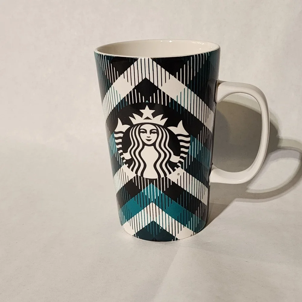 2015 Starbucks Coffee Mug 16 Oz Cup Teal Blue Green Black Plaid - Picture 1 of 4
